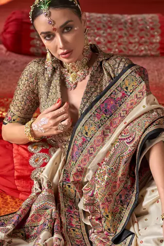 Beige silk blend printed saree with unstitched blouse