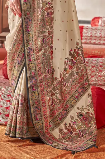 Beige silk blend printed saree with unstitched blouse