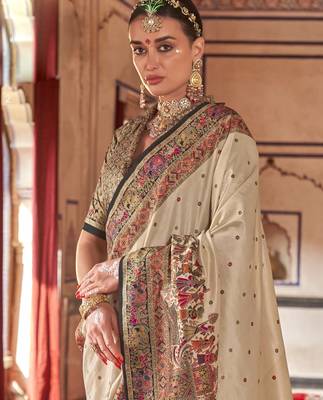 Beige silk blend printed saree with unstitched blouse 4