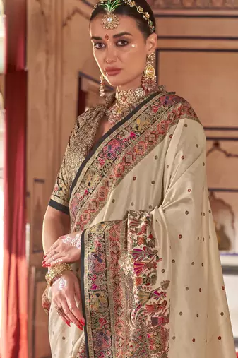 Beige silk blend printed saree with unstitched blouse