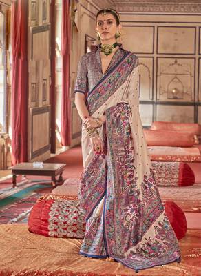Beige silk blend printed saree with unstitched blouse 1
