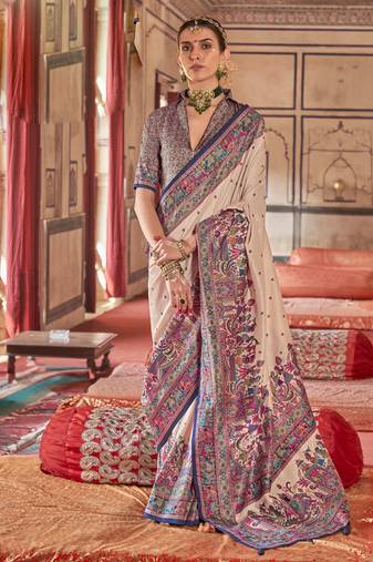 Beige silk blend printed saree with unstitched blouse