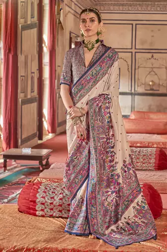 Beige silk blend printed saree with unstitched blouse