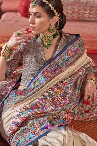 Beige silk blend printed saree with unstitched blouse