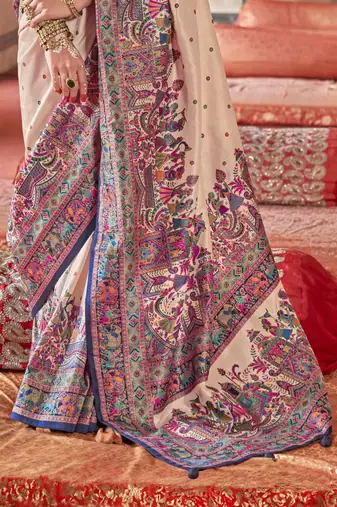 Beige silk blend printed saree with unstitched blouse