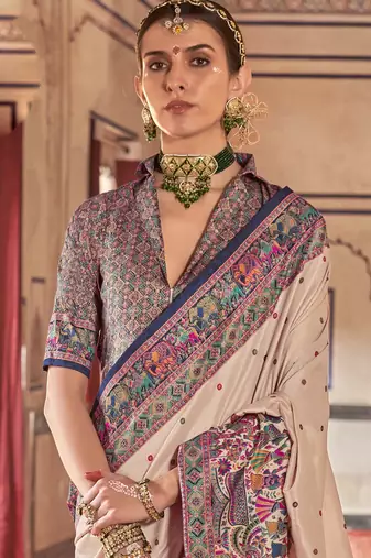 Beige silk blend printed saree with unstitched blouse