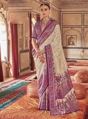 Beige silk blend printed saree with unstitched blouse 1