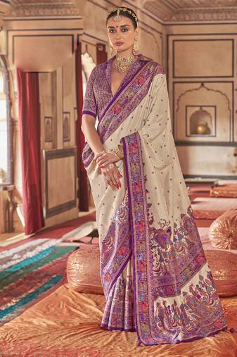 Beige silk blend printed saree with unstitched blouse