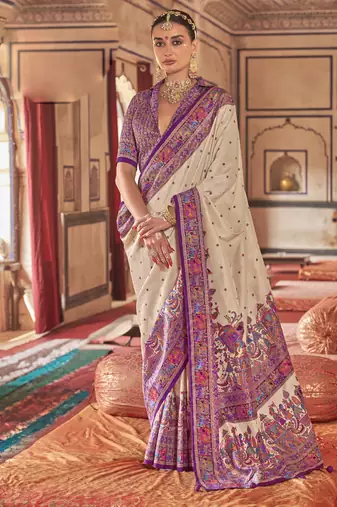 Beige silk blend printed saree with unstitched blouse