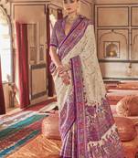 Beige silk blend printed saree with unstitched blouse