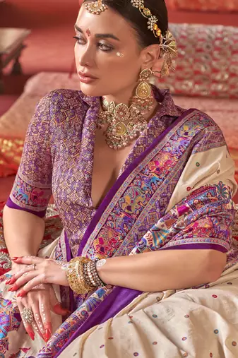 Beige silk blend printed saree with unstitched blouse