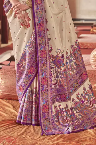 Beige silk blend printed saree with unstitched blouse
