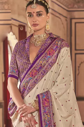 Beige silk blend printed saree with unstitched blouse