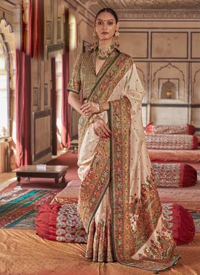 Beige silk blend printed saree with unstitched blouse 1