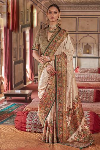 Beige silk blend printed saree with unstitched blouse