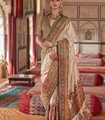 Beige silk blend printed saree with unstitched blouse
