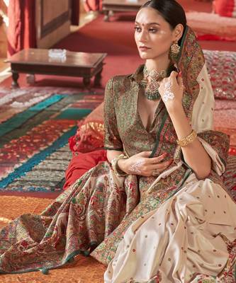 Beige silk blend printed saree with unstitched blouse 2