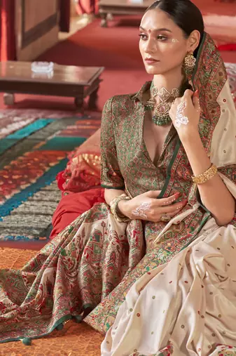 Beige silk blend printed saree with unstitched blouse