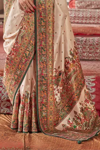 Beige silk blend printed saree with unstitched blouse