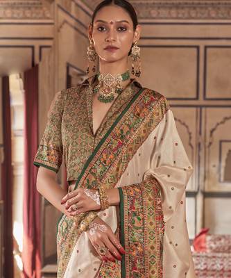 Beige silk blend printed saree with unstitched blouse 4
