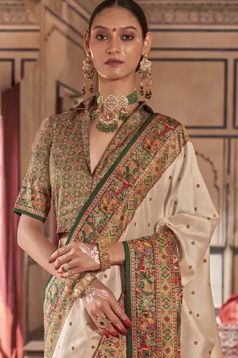 Beige silk blend printed saree with unstitched blouse