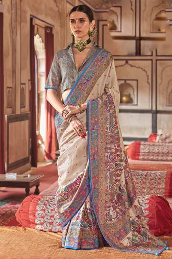 Beige silk blend printed saree with unstitched blouse