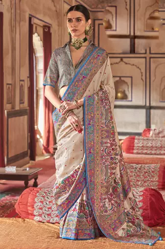 Beige silk blend printed saree with unstitched blouse
