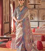Beige silk blend printed saree with unstitched blouse