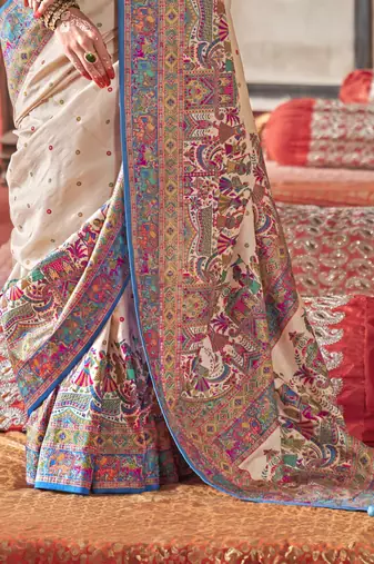 Beige silk blend printed saree with unstitched blouse