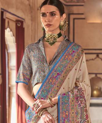 Beige silk blend printed saree with unstitched blouse 4