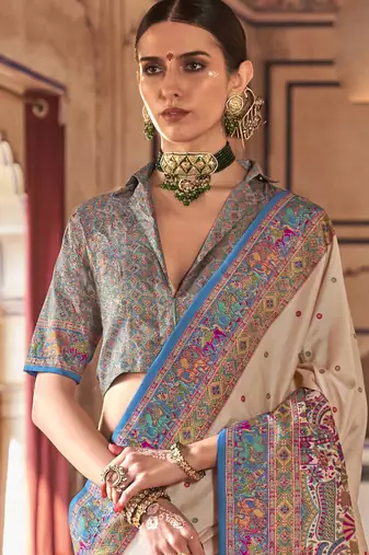 Beige silk blend printed saree with unstitched blouse