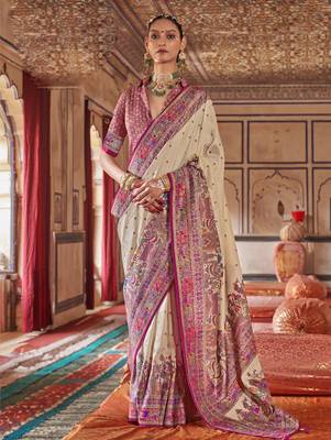 Beige silk blend printed saree with unstitched blouse 1