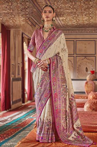 Beige silk blend printed saree with unstitched blouse