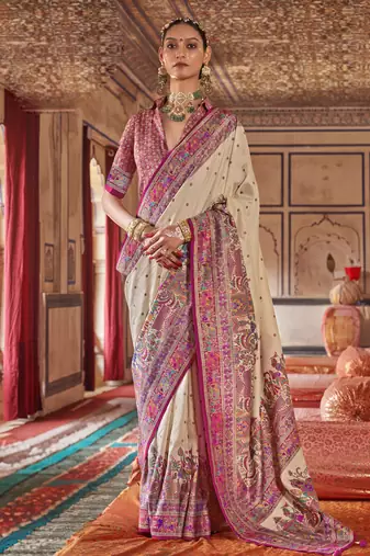 Beige silk blend printed saree with unstitched blouse