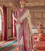 Beige silk blend printed saree with unstitched blouse