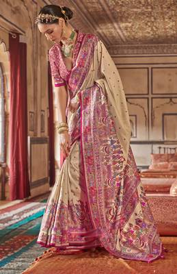 Beige silk blend printed saree with unstitched blouse 2