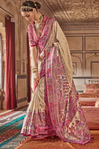 Beige silk blend printed saree with unstitched blouse