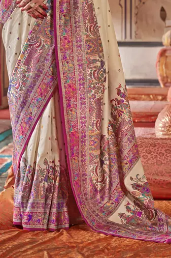 Beige silk blend printed saree with unstitched blouse