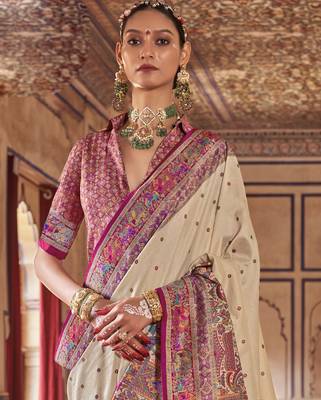 Beige silk blend printed saree with unstitched blouse 4