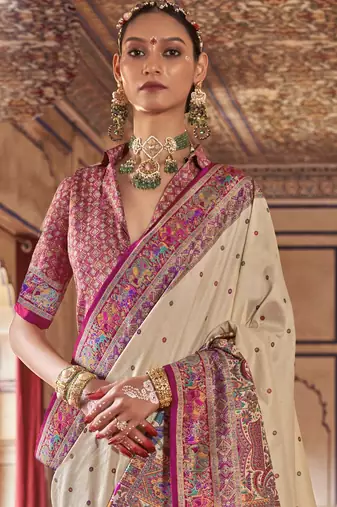 Beige silk blend printed saree with unstitched blouse
