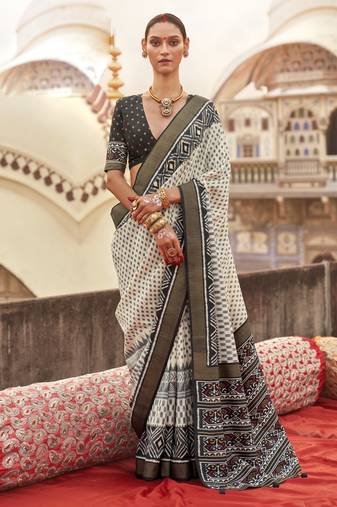 White silk blend printed saree with unstitched blouse