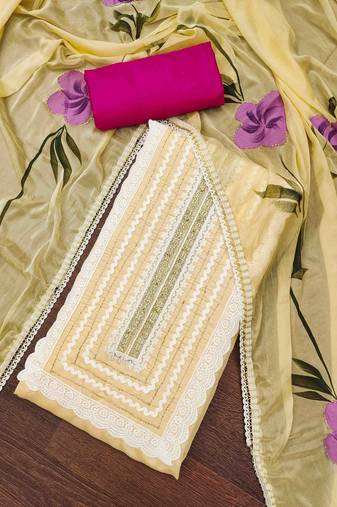 Yellow cotton silk print handwork unstitched dressaterial