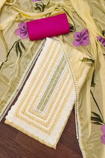 Yellow cotton silk print handwork unstitched dressaterial