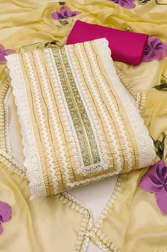 Yellow cotton silk print handwork unstitched dressaterial