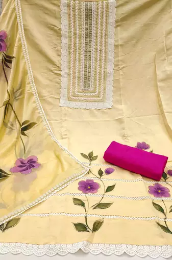 Yellow cotton silk print handwork unstitched dressaterial