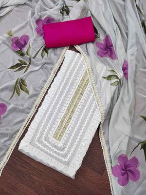 Grey cotton silk print handwork unstitched dressaterial 1