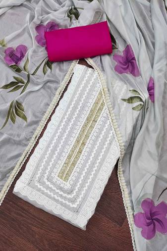 Grey cotton silk print handwork unstitched dressaterial