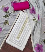 Grey cotton silk print handwork unstitched dressaterial