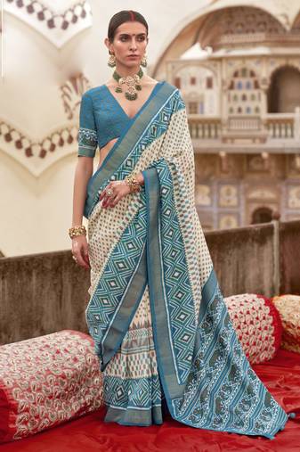 White silk blend printed saree with unstitched blouse