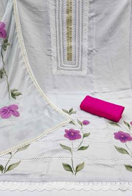 Grey cotton silk print handwork unstitched dressaterial 3